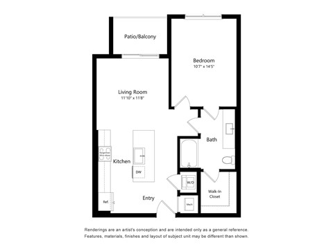 Floor plan for 1 bed, 1 bath, 723 sqft